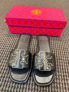 Tory Burch Perfect Black Leather Slide with Gold Logo